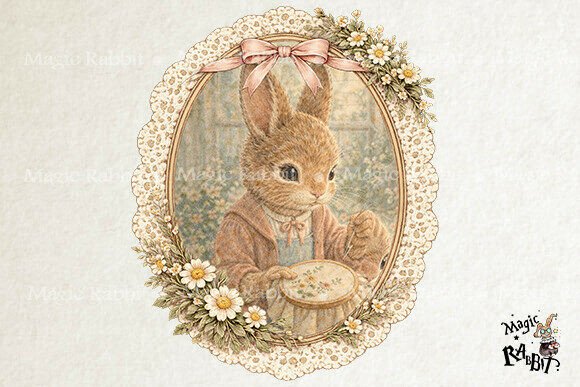 Vintage Bunny Hand Embroidery PNG
